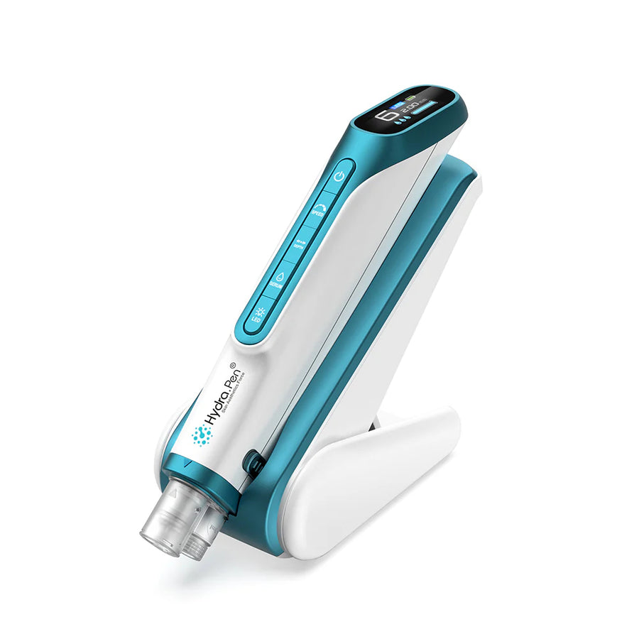 Blue Dr. Pen H6 system with reservoir cartridges and induction base